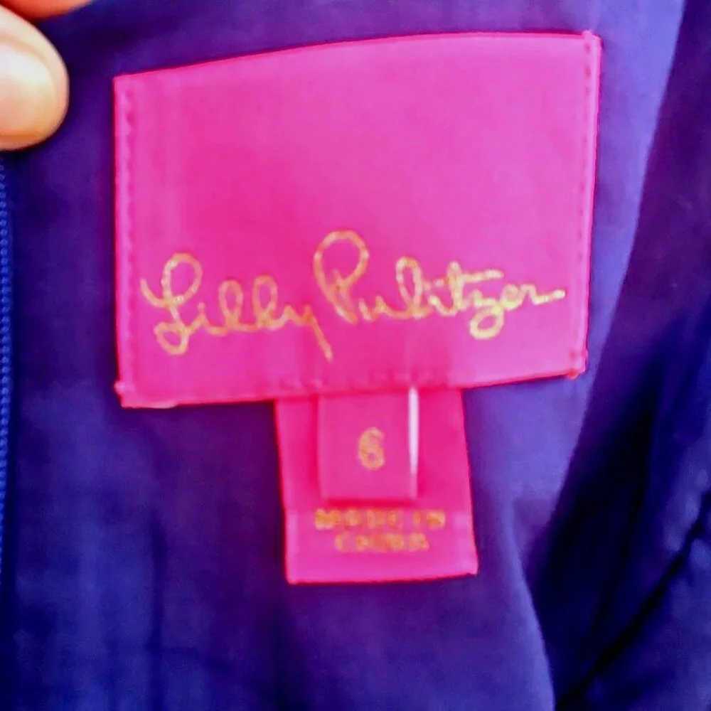 Lilly Pulitzer Valli Shift Dress Size 6 Navy Blue White Gold Sleeveless Cotton - Picture 3 of 13